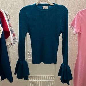 Teal Ribbed Bell Sleeve Sweater